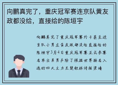 向鹏真完了，重庆冠军赛连京队黄友政都没给，直接给的陈垣宇
