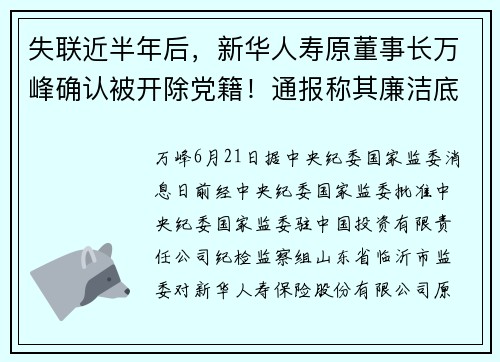 失联近半年后，新华人寿原董事长万峰确认被开除党籍！通报称其廉洁底线失守