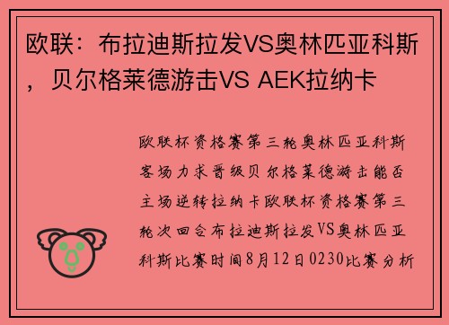 欧联：布拉迪斯拉发VS奥林匹亚科斯，贝尔格莱德游击VS AEK拉纳卡