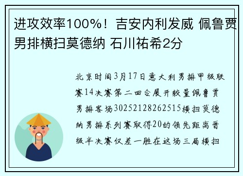 进攻效率100%！吉安内利发威 佩鲁贾男排横扫莫德纳 石川祐希2分
