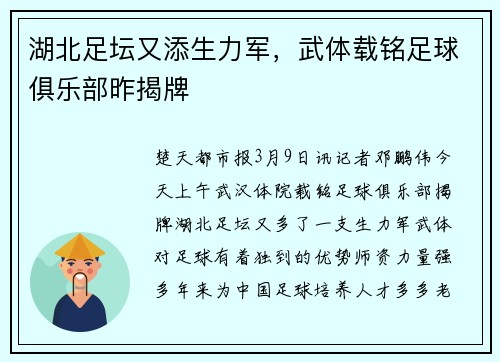 湖北足坛又添生力军，武体载铭足球俱乐部昨揭牌